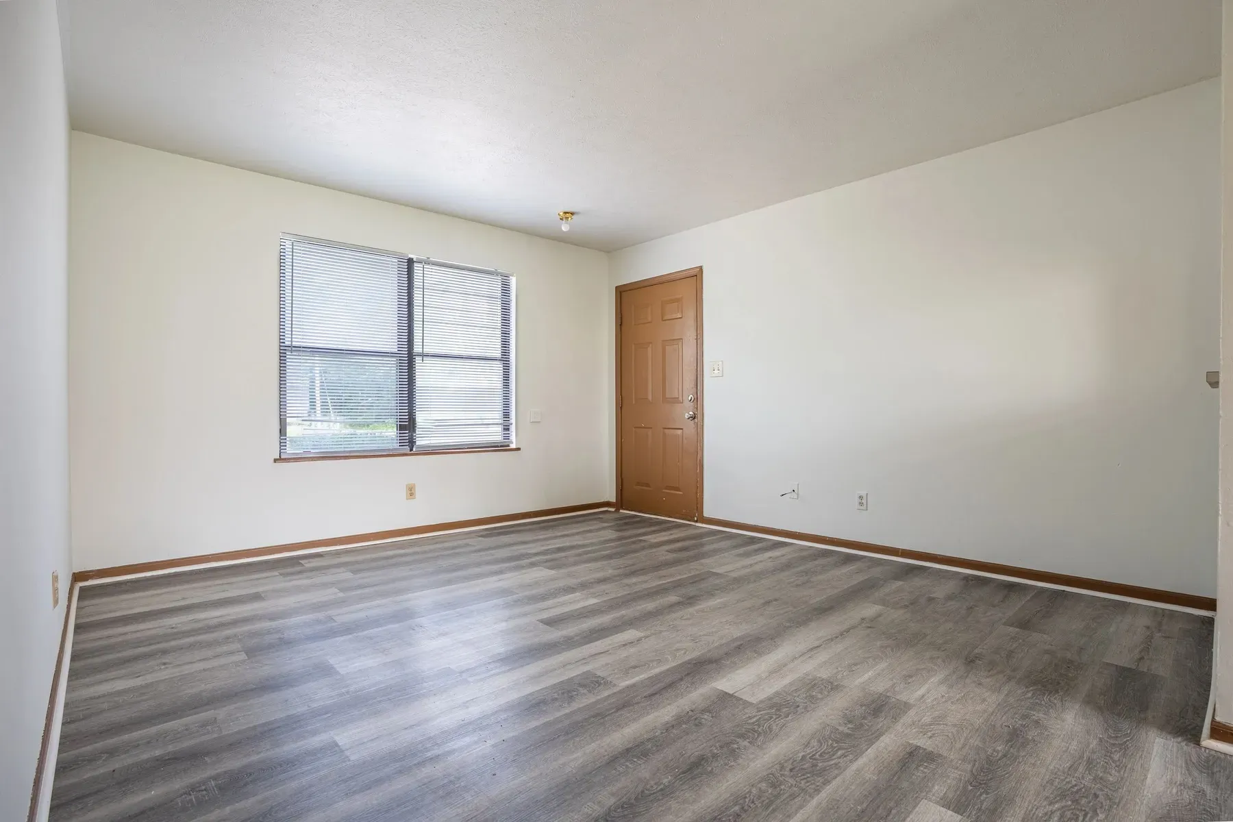 Bright empty room with a window and wide-plank floors