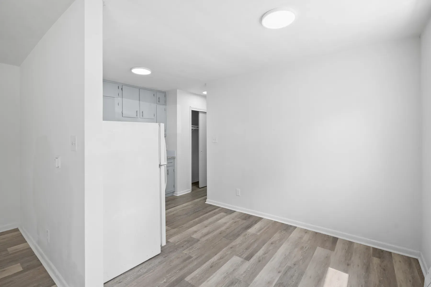 Open living and kitchen area with recessed lighting