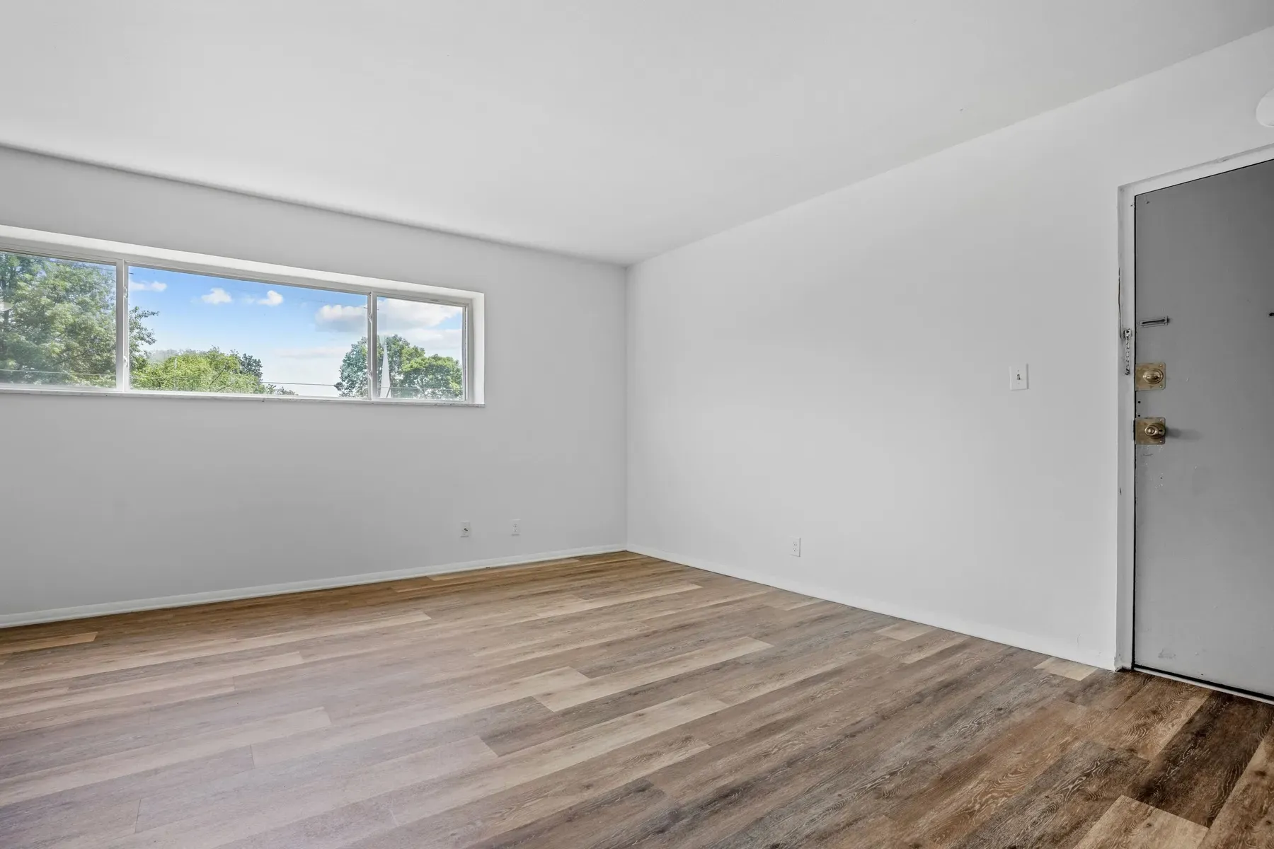 Empty living room with a window and wood-look flooring