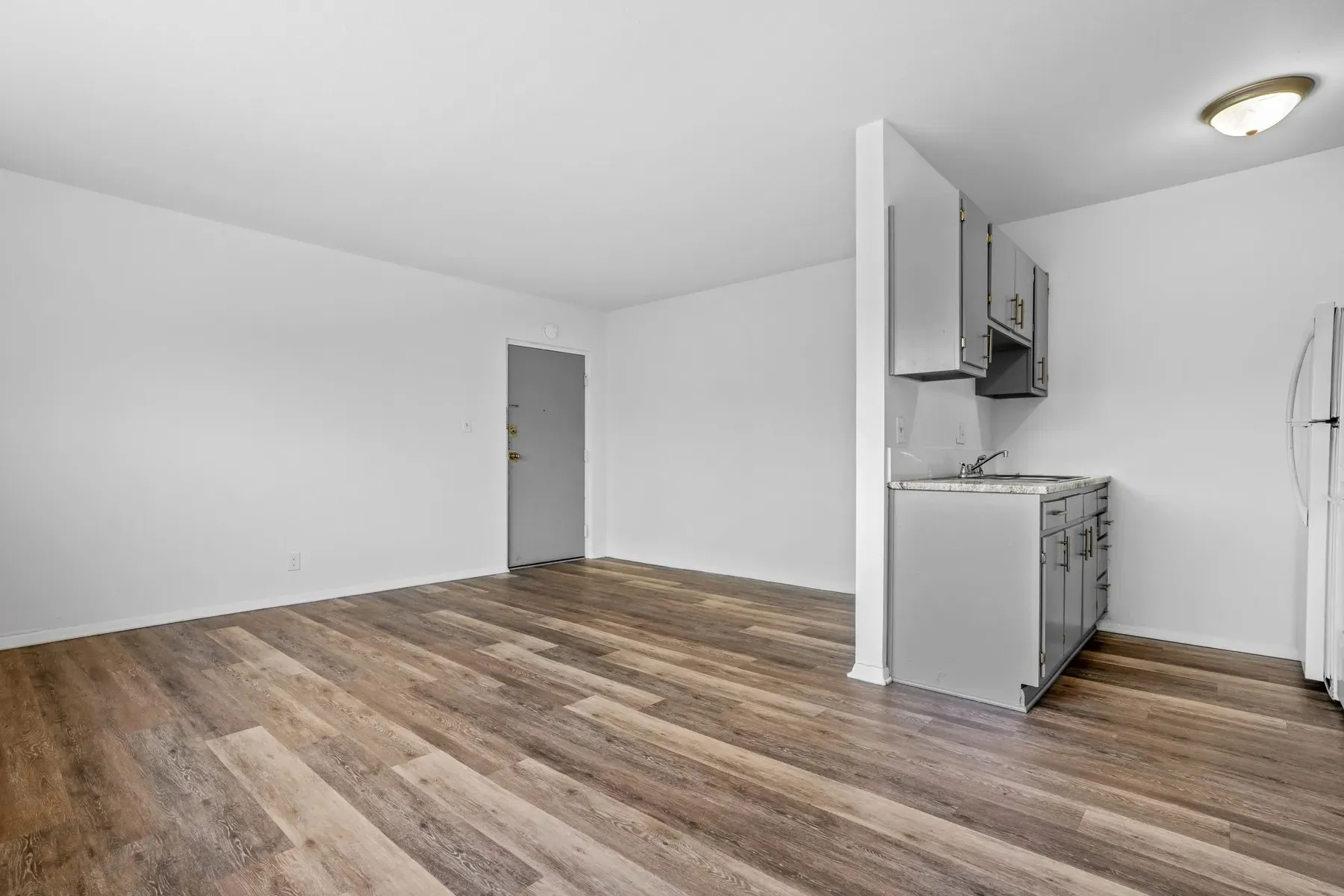 Kitchen with overhead cabinets and wood-look flooring