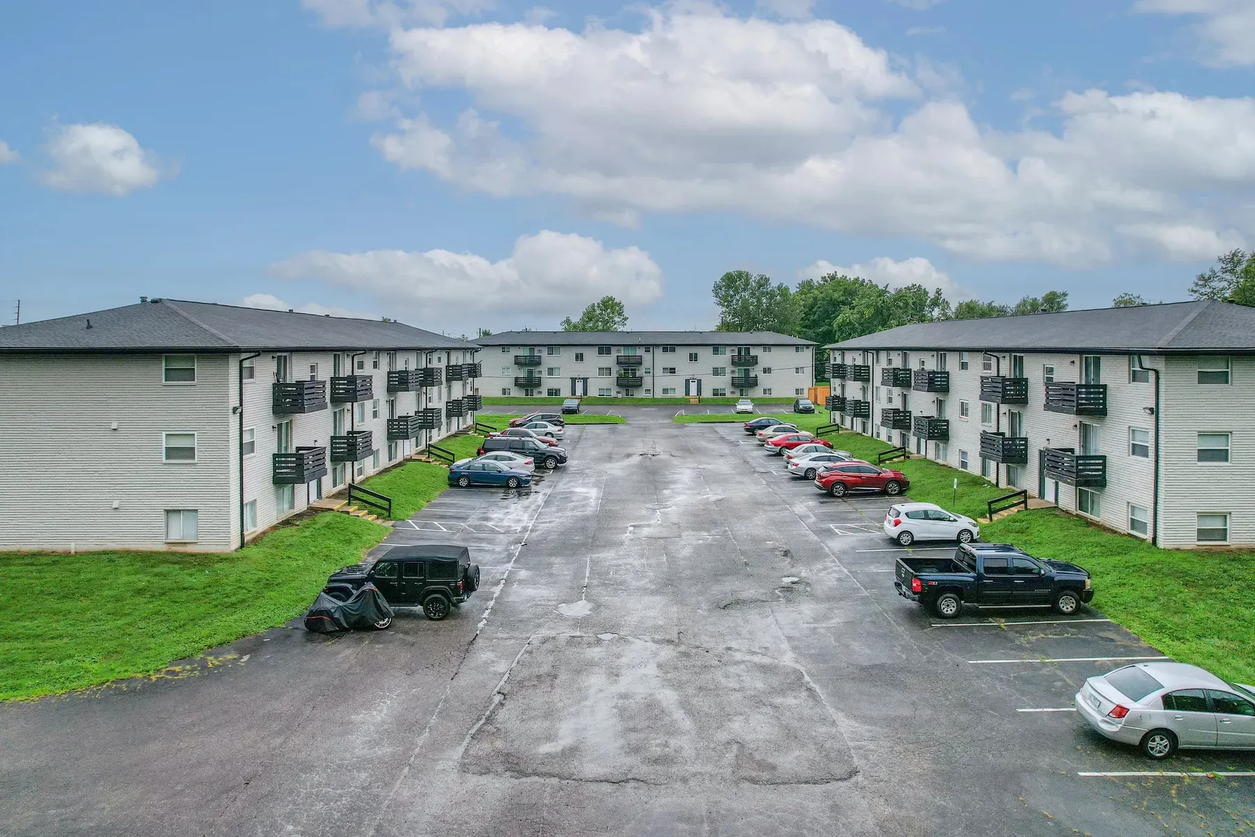 Aerial view of the parking area and buildings